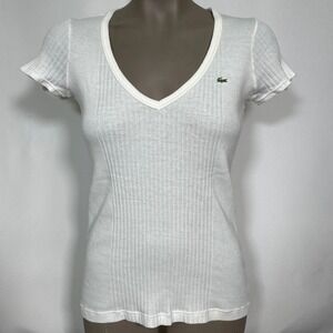 Lacoste White Ribbed Slim Fit Embroidered Crocodile Shirt Top Women's Sz 40